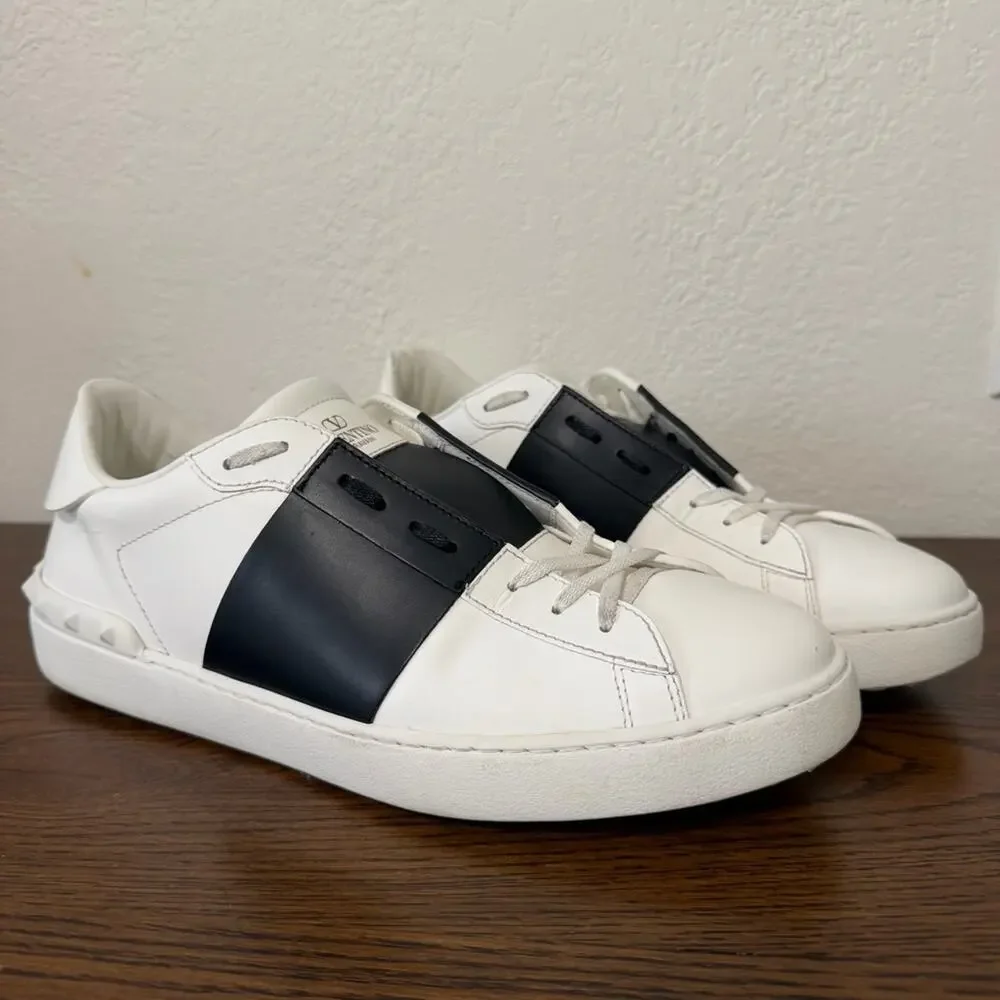 Valentino Rockstud Open Leather Sneakers IT 44.5 White Black Colorblock